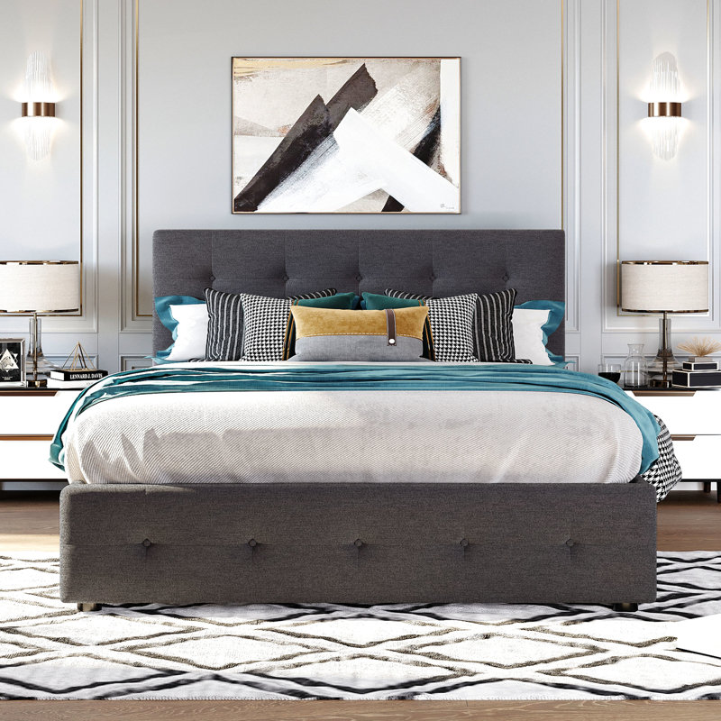 Grand lit tapissier avec tiroirs et lit gigogne simple TG - gris 2 lits plateforme beige, Beige