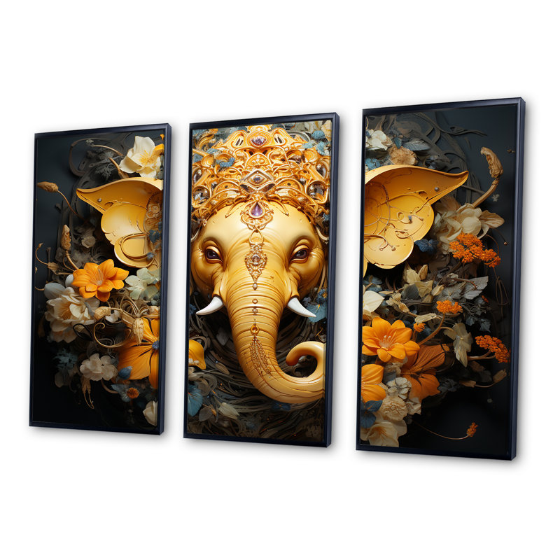 «Hindu Ganesha Elephant God Curmeric Tints», ensemble d'art sur toile, H 32 po x l 48 po x P 1 po, Cadre flottant noir