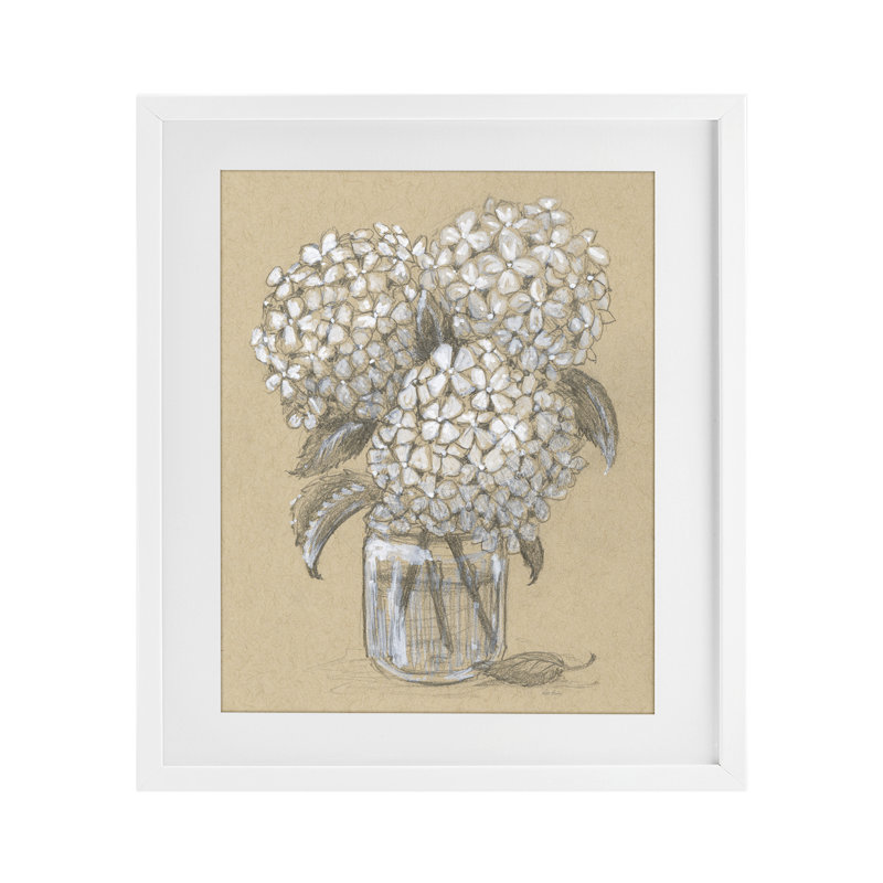 Hydrangea Jar, reproduction d'art encadrée sous verre, conception de Patti Bishop, H 16 po x l 13 po, Cadre blanc côtier