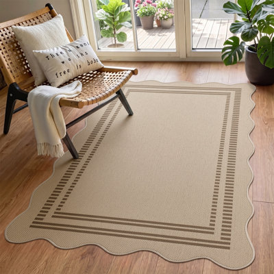 Tapis festonnés Easy Jute, tapis de patio intérieur / extérieur brun clair / damier, tapis de salle à manger géométrique lavable pour bureau dans la cour, certifié Oeko-Tex