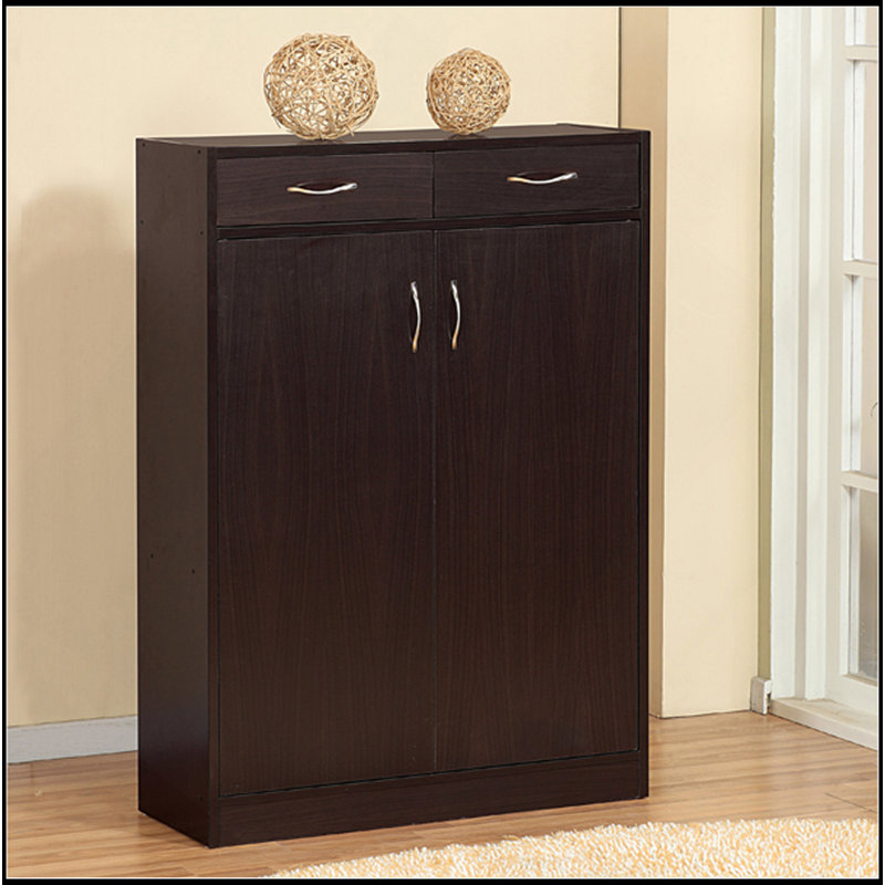 Armoire de rangement pour chaussures Range-chaussures cinq tablettes deux tiroirs Poignées incurvées en métal rouge cacao