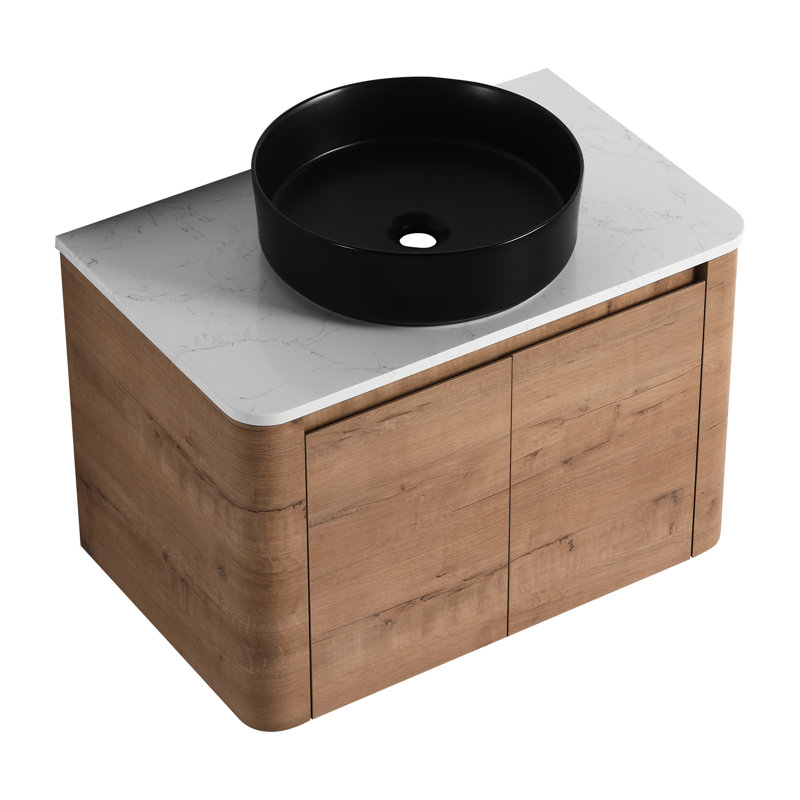 Meuble-lavabo mural moderne de 30 po avec lavabo d'art en céramique, structure en contreplaqué et structure de base à système de fermeture en douceur, charnières