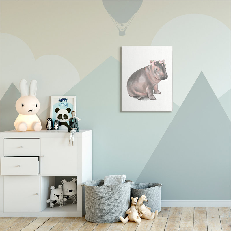 Illustration florale d'un bébé hippopotame floral, H 30 po x l 24 po, Toile tendue