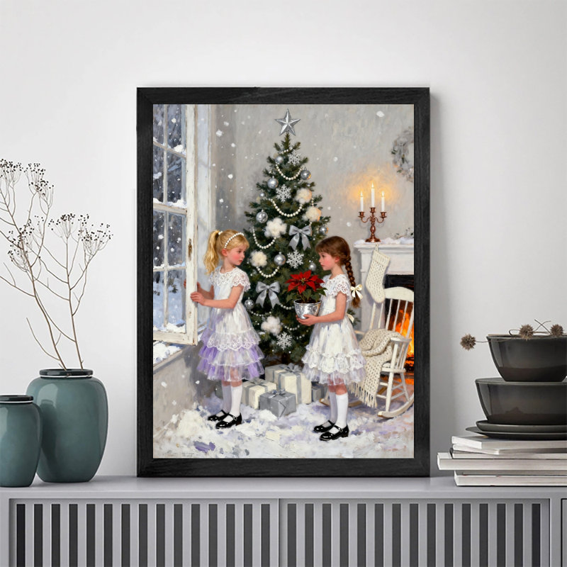 Filles de Noël rétro encadrées noires jouant et gambadant des impressions encadrées de style rétro, H 17 po x l 13 po