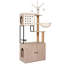 Arbre à chat avec bac à litière - maisonnette pour chat moderne avec poteaux à griffer, bol d'alimentation et bâtons de pompons amovibles, gris
