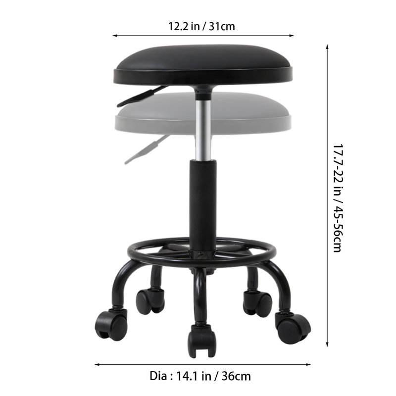 Height-Adjustable PU Leather Round Salon Rolling Stool, Black, Black