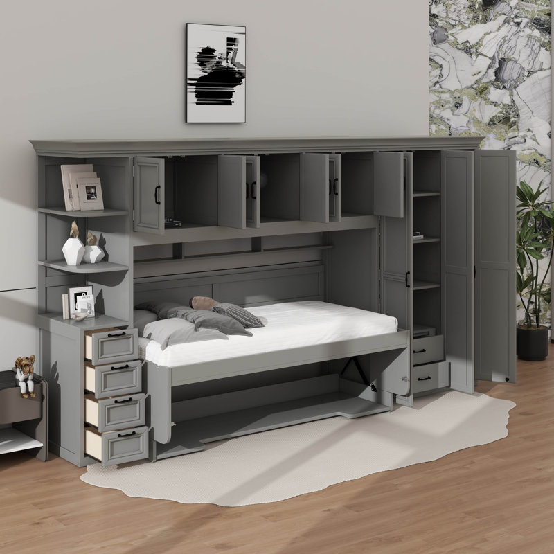 Lit escamotable simple avec garde-robe, armoire et bureau intégrés, Gris