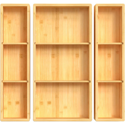 Bamboo Drawer Organizer 12.5'' X 12.5'' X 2'', Adjustable 3 Individual Junk Drawer Organizer For Bathroom And Kitchen, Wood Drawer Tea Organier Boxes For Silverware, Make Up And Tea Bag