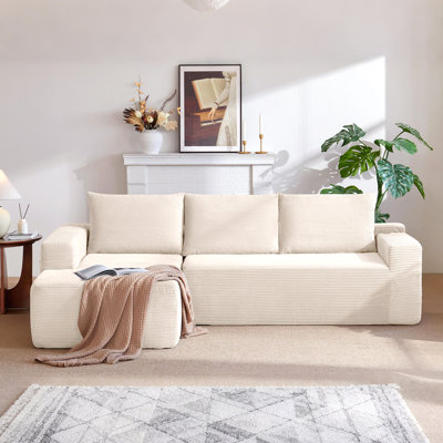 Nouveau canapé modulaire 96,9 po avec méridienne en forme de L, siège modulaire moderne avec assise profonde, canapé rembourré pour la chambre à coucher du salon, aucun assemblage requis (tissu en velours côtelé), blanc, gauche