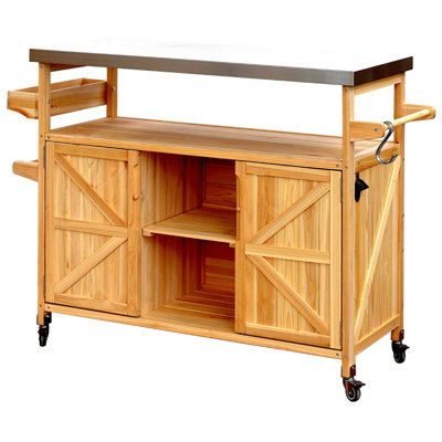 Îlot de cuisine extérieur, chariot à roulettes et armoire de rangement, table de barbecue d'extérieur en bois massif avec plateau en acier inoxydable, support à épices, porte-serviettes pour la cuisine et le barbecue