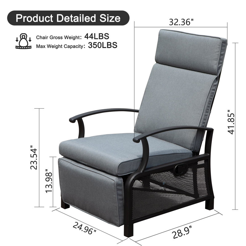 Fauteuil inclinable d'extérieur avec inclinaison de 150 degrés, coussins amovibles de 6,8 po, table d'appoint et fauteuil inclinable ergonomique pour le patio, inclinable, anti-éclaboussures