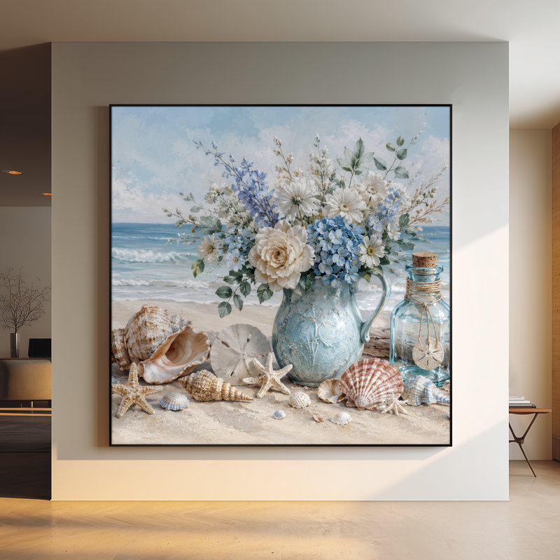 Très grand art mural imprimé sur tissu - Vase floral côtier bleu décor de chambre de ferme - "Assemblage requis (cadre non fini)"