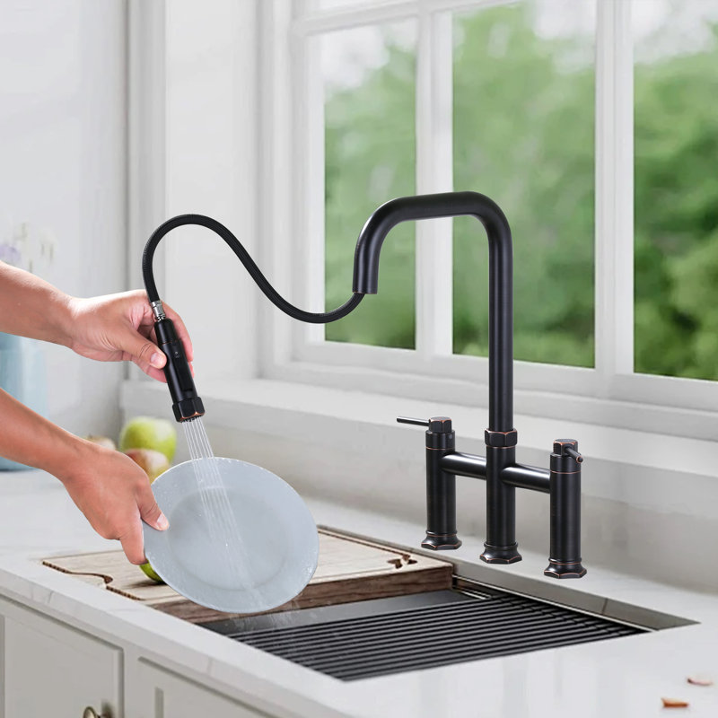 Robinet de cuisine à 3 poignées à 3 poignées en laiton avec douchette extractible à 2 modes et conduites d'alimentation