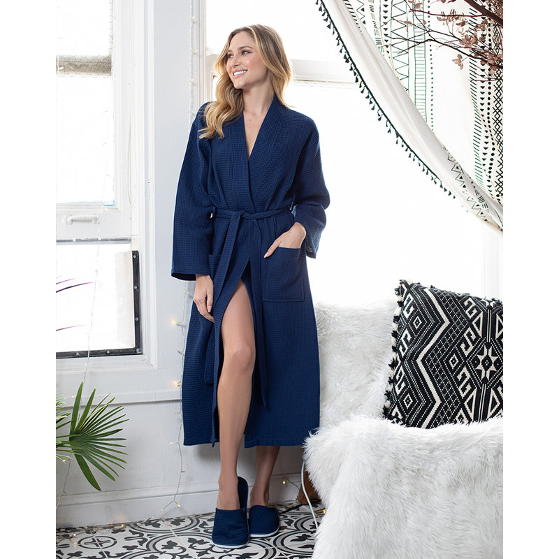 LOTUS LINEN - Peignoir léger en kimono gaufré, Bleu marine, S