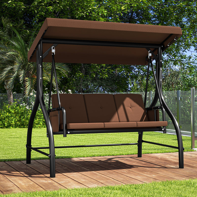 Brown 3-Seat Steel Patio Swing with Adjustable Canopy