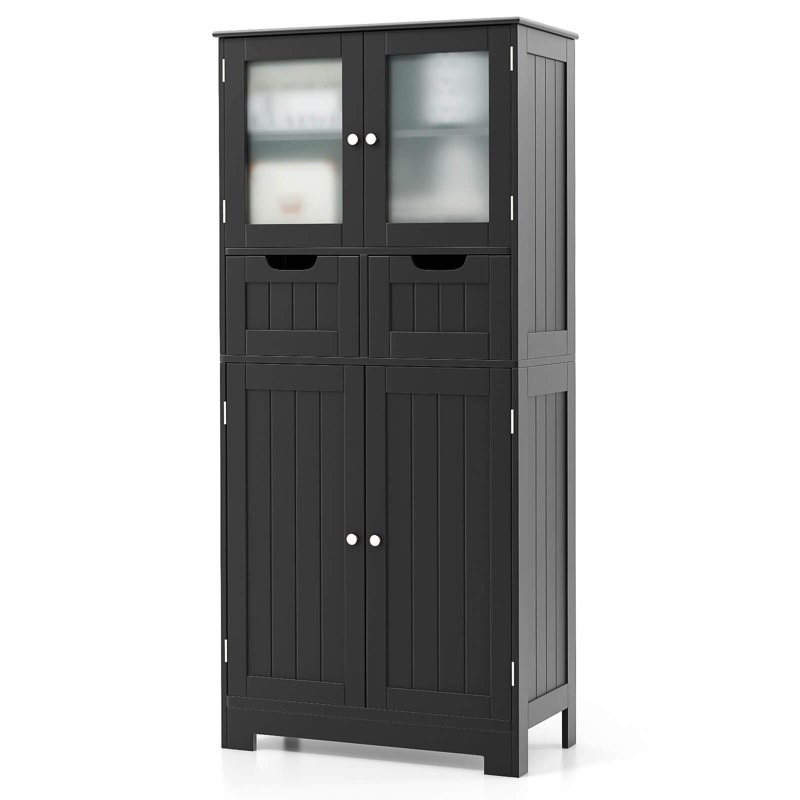 Bathroom Floor Storage Cabinet Kitchen Cupboard With 2 Drawers & Glass Doors Black