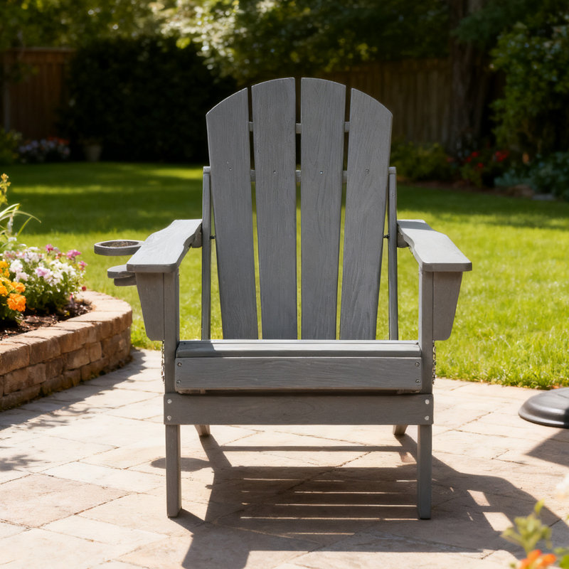 Hdpe Folding Adirondack Chairs With Cup Holder, Gray