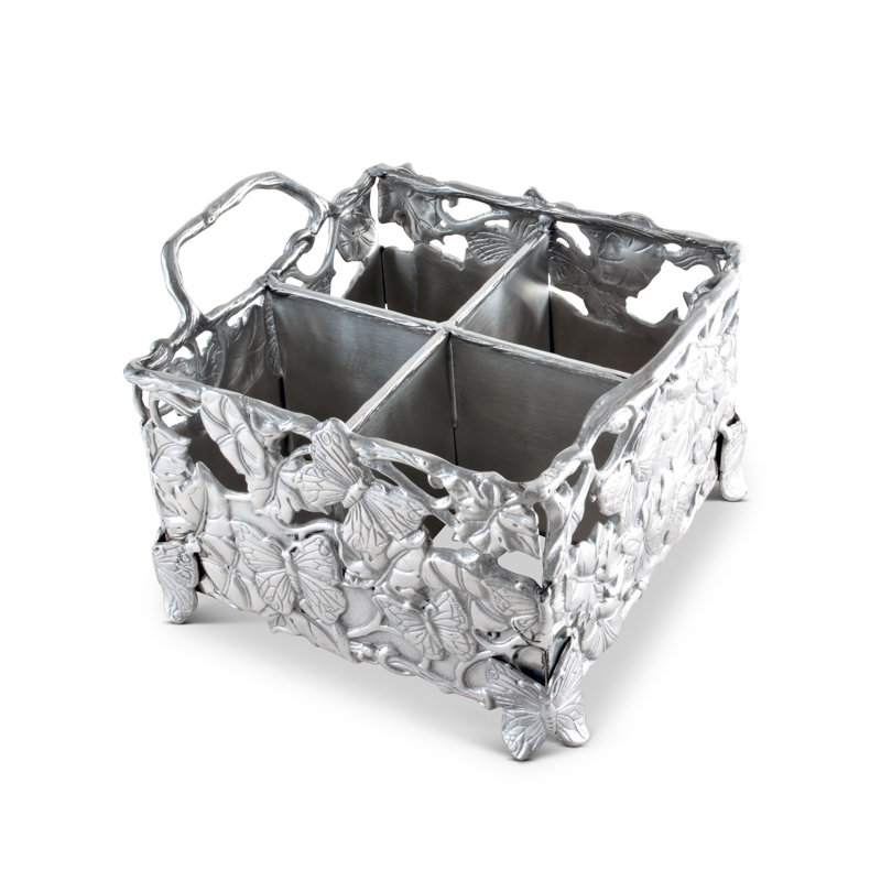 Silver Butterfly and Floral Aluminum Square Flatware Caddy