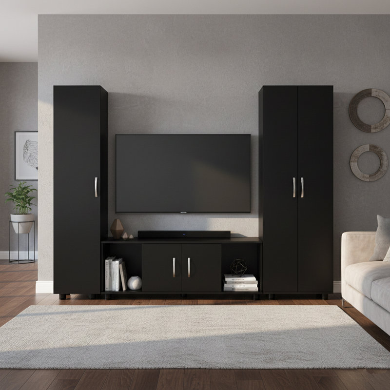 3-Piece Modular Kitchen & TV Stand Storage System, Professional 77" Utility Collection with SGS Anti-Tip Safety, Customizable Cabinet Suite in Sleek Black