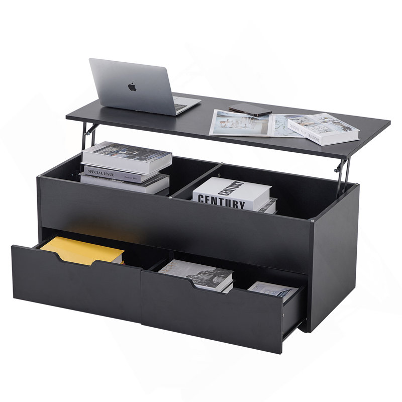 Table basse à plateau relevable avec tables centrales de rangement, compartiment caché et 2 tiroirs