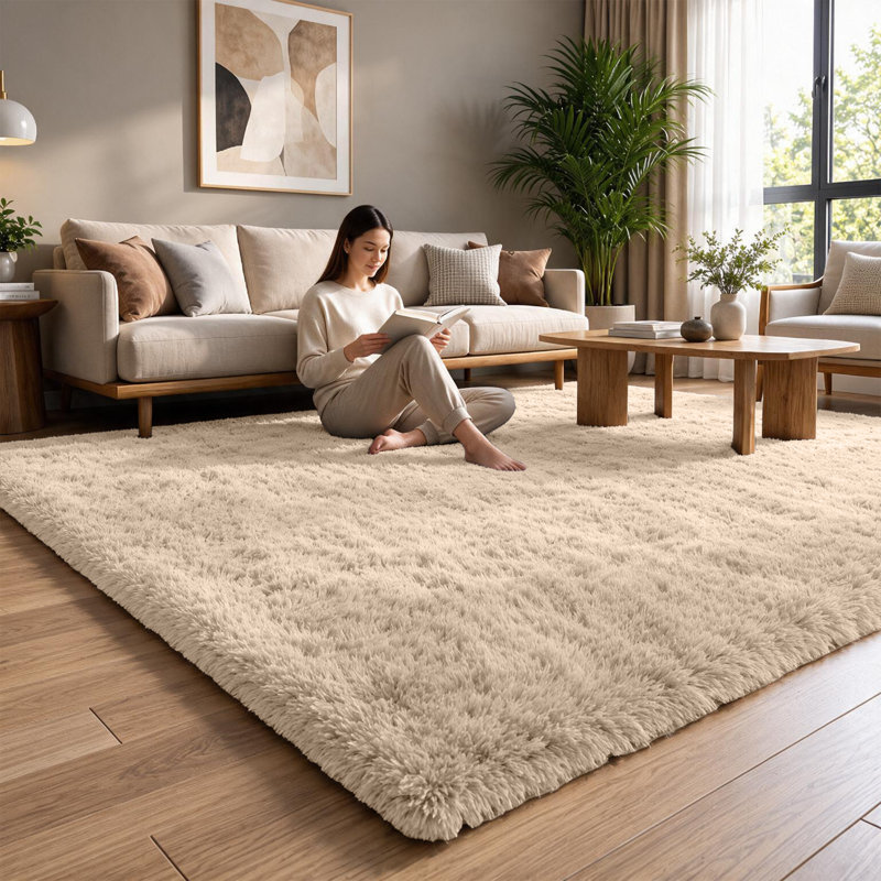 Machine Tufted High Pile Shag Area Rug(Ultra Soft & Fluffy), Beige, Rectangle 160 x 230 cm