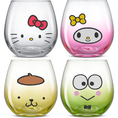 Sanrio Hello Kitty & Friends Hello Sippy Drinking Glasses, 15 Oz Stemless Glass Cups Set Of 4 Ft Hello Kitty Keroppi My Melody Pompompurin, Cute Glasses For Water, Juice, Kawaii Tumbler