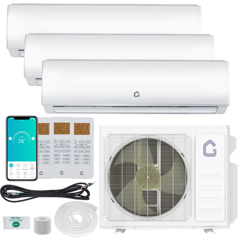 Système de chauffage / climatisation à deux zones 28000 BTU (12K + 12K + 12K) à 3 zones, climatiseur à deux zones sans conduit à deux zones avec condensateur préchargé 20 SEER2, ne comprend pas l'ensemble de conduites en cuivre, 208-230V