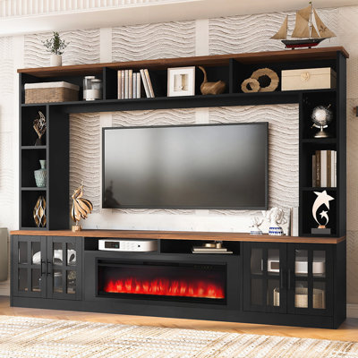 Meuble audio-vidéo large avec bibliothèque, foyer électrique et tablettes réglables, meuble télé moderne