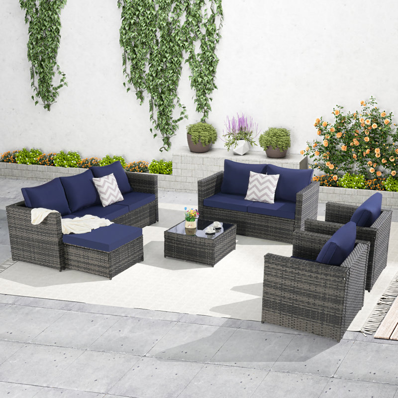 Patio de jardin toutes saisons - 6 pièces avec coussins absorbant l'eau, coussins et table de verre