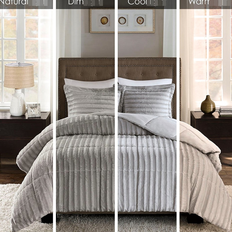 Édredon en fausse fourrure double / grand - gris, Gris, Édredon double / grand et 2 taies décoratives