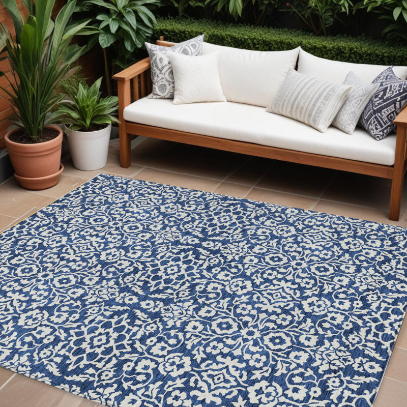 Tapis intérieur lavable damassé bleu marine 8 pi x 10 pi