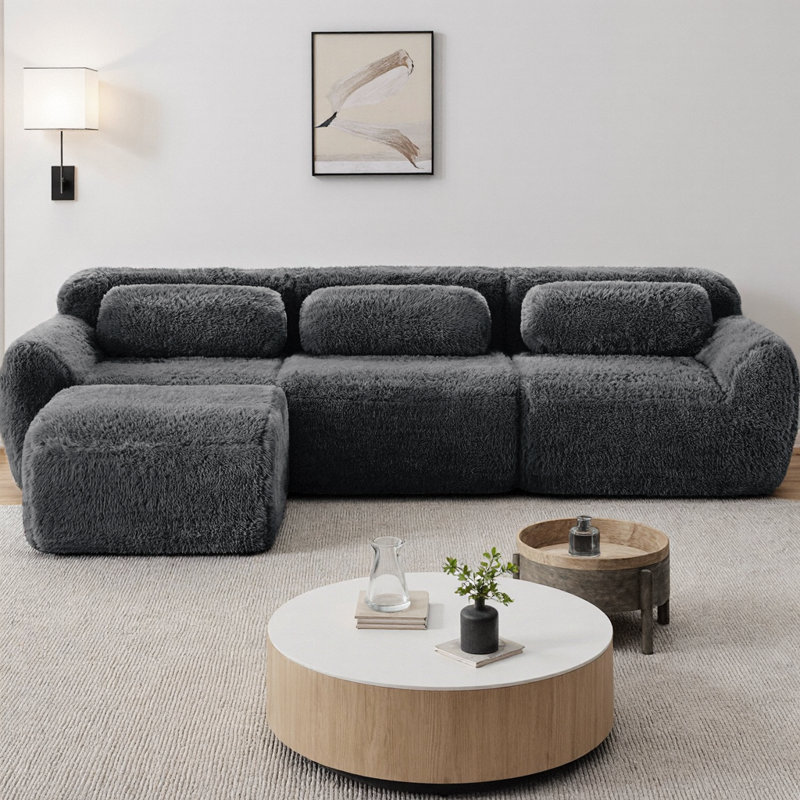 Canapé modulaire en L doux et moelleux en tissu moelleux avec repose-pieds, pouf 32D haute densité avec coussins décoratifs, aucun assemblage requis