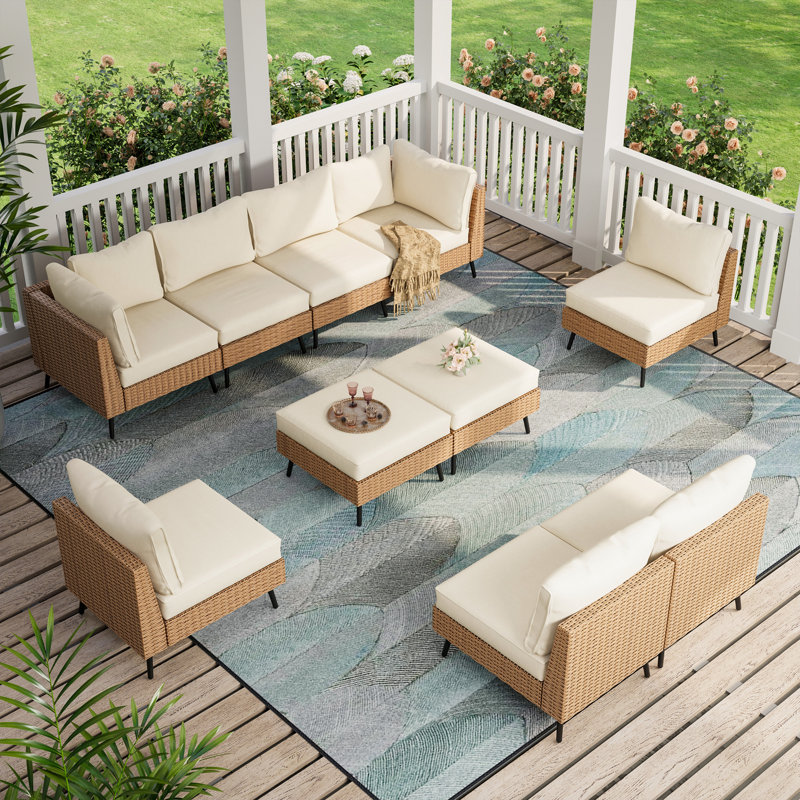 Ensemble de conversation modulaire 10 pièces avec coussins, Coussin blanc/ Cadre brun
