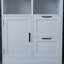 Armoire de rangement blanche avec portes et tiroirs, plusieurs espaces de rangement blancs