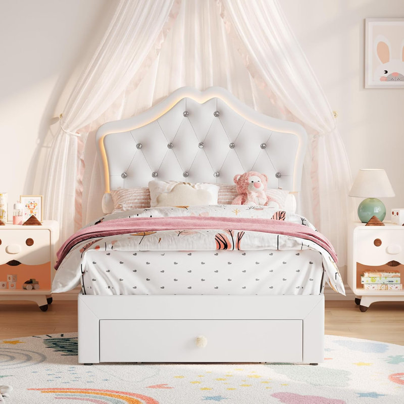 Twin Size Bed Frame with LED Lights & Velvet Crystal Button Headboard, Upholstered Princess/Girl Platform Bed with Storage Drawer, Noise Free, No Box Spring Needed for Kids, Teens, Pink