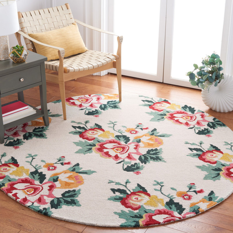 Akyrie Floral Handmade Tufted Wool Ivory/Red Area Rug, Round 6'