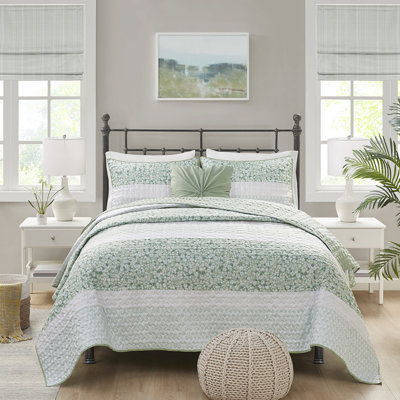 Literie 4 pièces pour lit double / grand avec courtepointe en seersucker, imprimé botanique, lavable à la machine, comprend une courtepointe pour coussin décoratif double / grand, literie de style imprimé floral, rembourrage, lavable