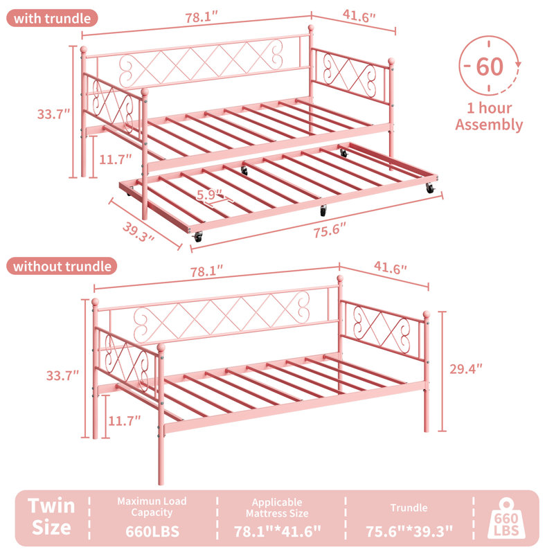 Sturdy Metal Day Bed with Steel Slat Support, Twin Daybed for Living Room, Pink