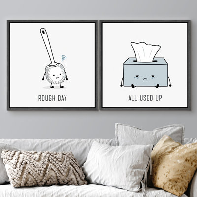 Funny Toilet Brush And Tissue Box Bathroom Humor Decor Framed Canvas Master Bedroom Wall Art Work 2 Pieces Print Set