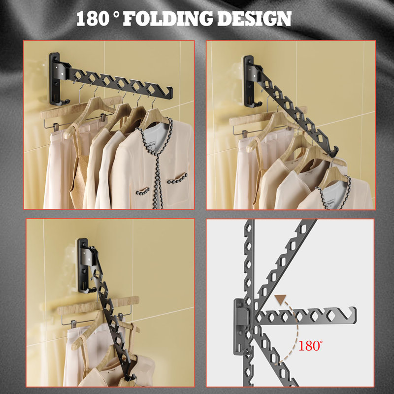 Black Clothes Drying Organizer Rack Garment Hooks Aluminium Retractable Folding Indoor Wall Mounted Hanger Space Saver Black 2Pack