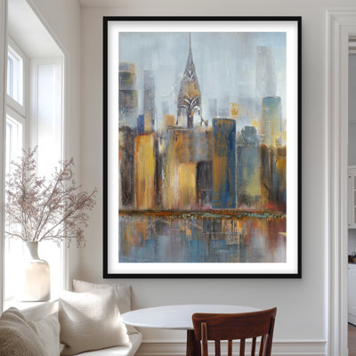 «Cityscape with Chrysler Building», reproduction encadrée avec passe-partout bleu