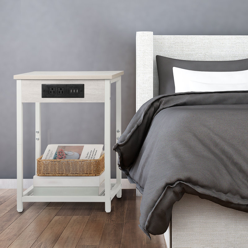 Fika End Table Set and Built-In Outlets, White