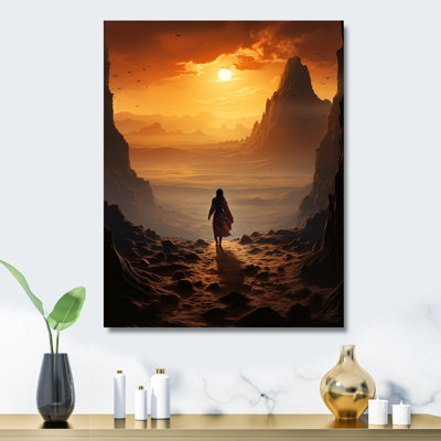 Lonely Woman Walking In Desert II - Canyon & Desert Metal Wall Art