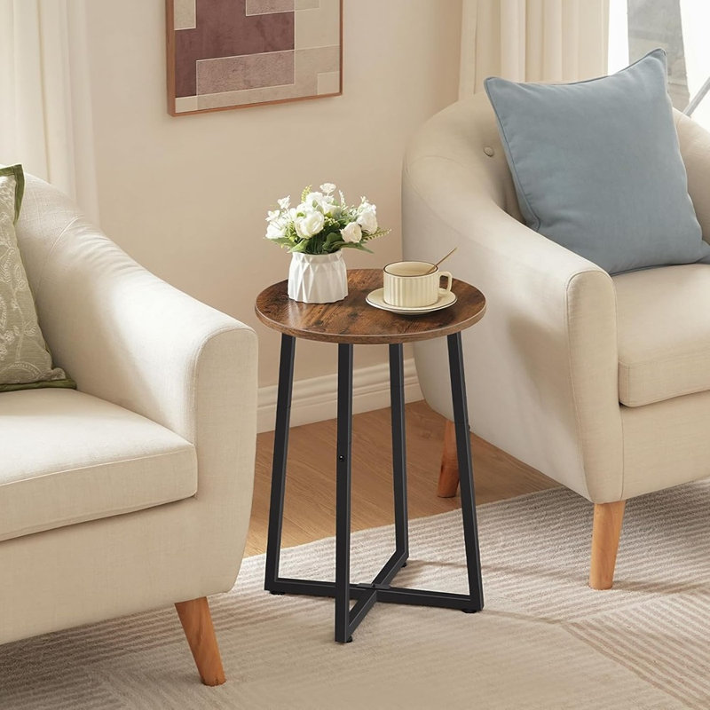 Table d'appoint ronde avec structure en métal robuste, table de chevet ronde de 15,7 po pour le salon, la chambre à coucher, le balcon ou le bureau, finition brun rustique