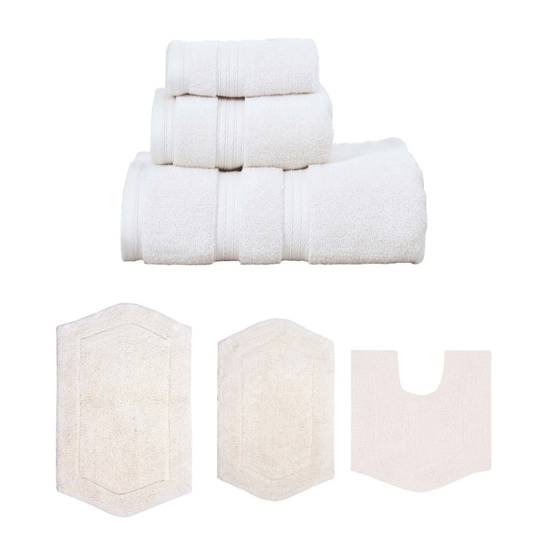 Bryd Collection 100% Soft Cotton 3 Pc Towel Set & 3 Pc Bath Rug Set, (Set of 6), Ivory