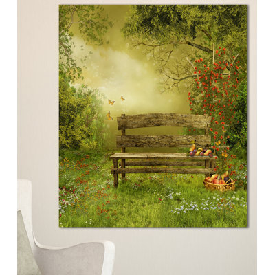 « banc en bois dans village verger », reproduction de photo sur toile tendue