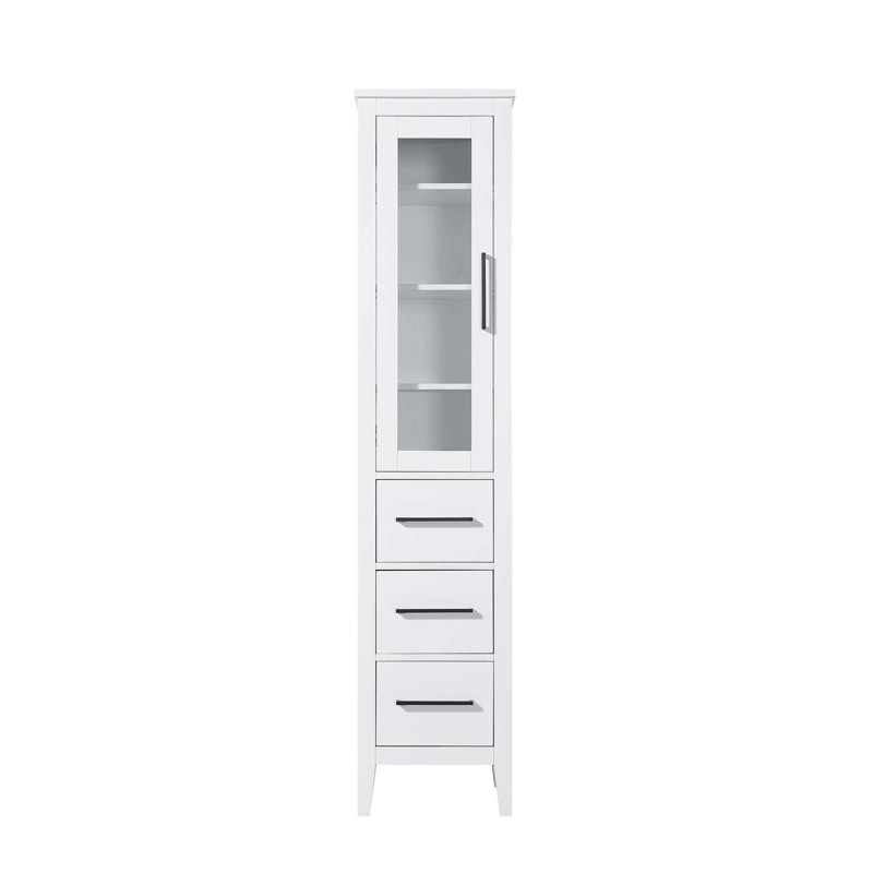 16 Inch Bath Storage Glass Cabinet in White, White, 72" H x 16" W x 72" D