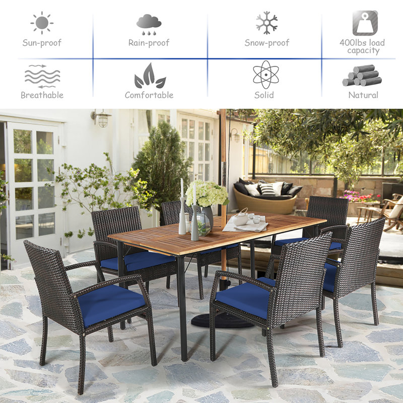 Ensemble de salle à manger rectangulaire pour 6 personnes 63 "avec coussins Reeltown, Bleu marine