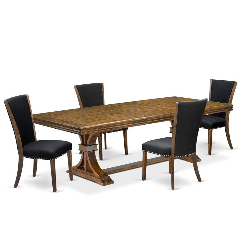 L'ensemble de table de cuisine 5 pièces comprend une table de salle à manger et 4 chaises de cuisine en tissu de lin noir avec dossier capitonné - Finition noyer antique