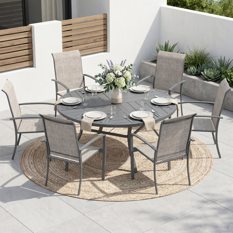 6-Person Round Patio Dining Set With Stackable Textilene Chairs, Gray/Gray